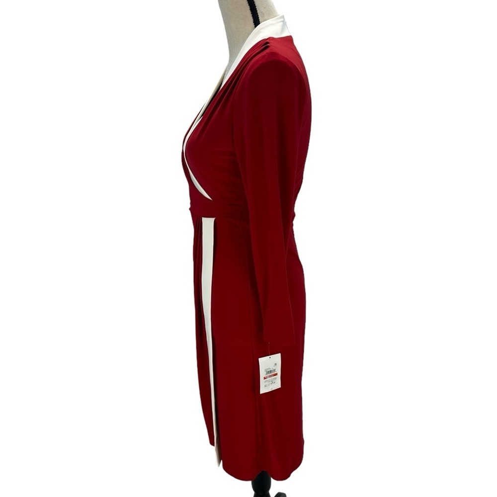 Kasper Long Sleeve V-Neck Faux Wrap Midi Dress - Red Cream - Picture 5 of 13